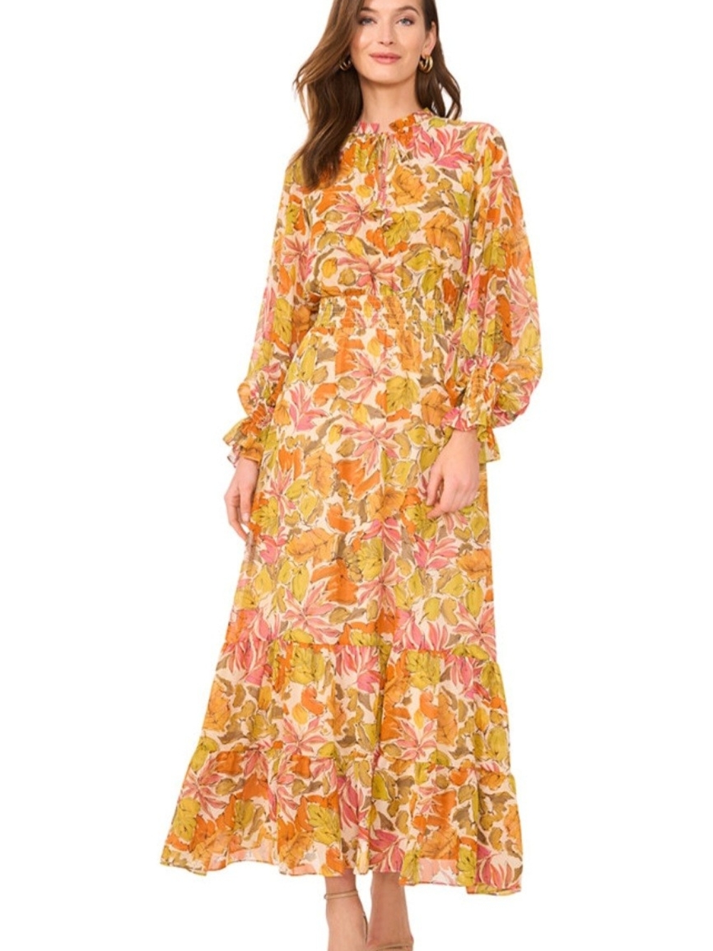 Vince Camuto Floral Long-Sleeve Maxi Dress in Yellow & Pink